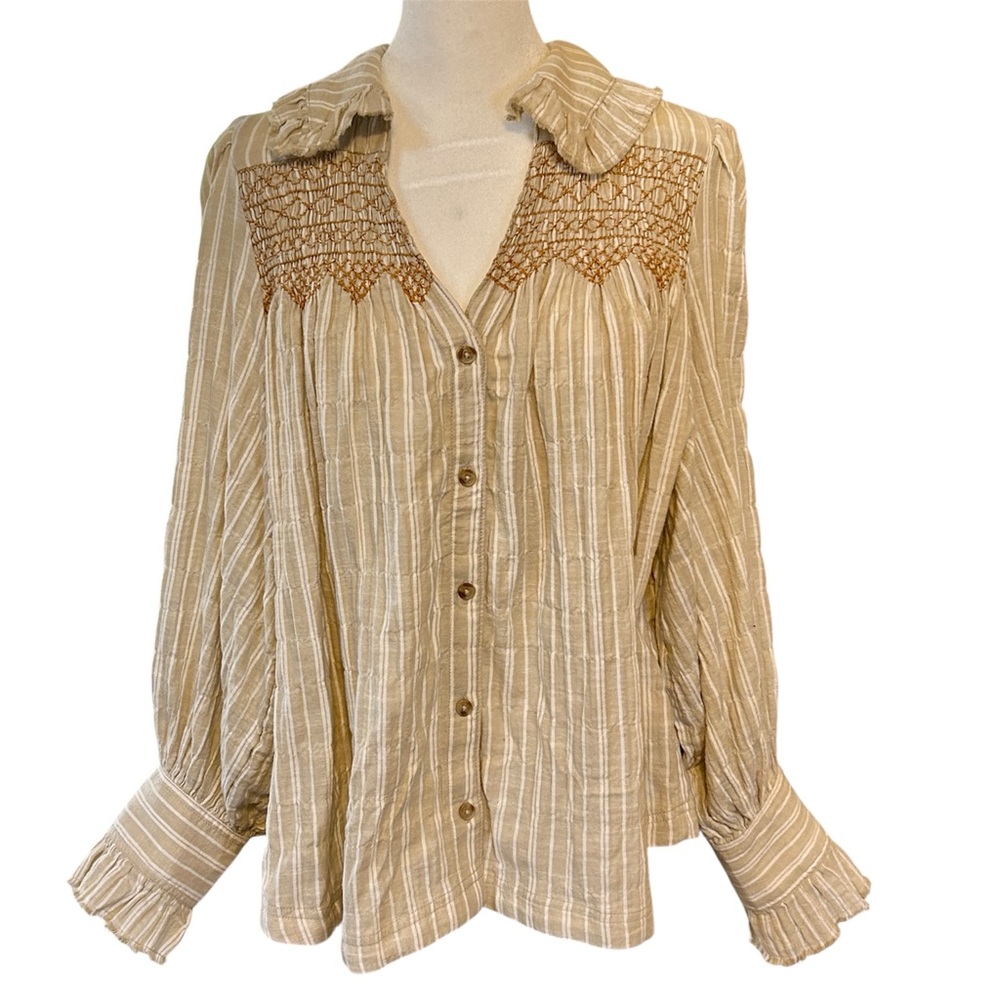 Anthropologie Pilcro Oversized Raw Hem Striped Embroidered Cotton Blouse, Medium